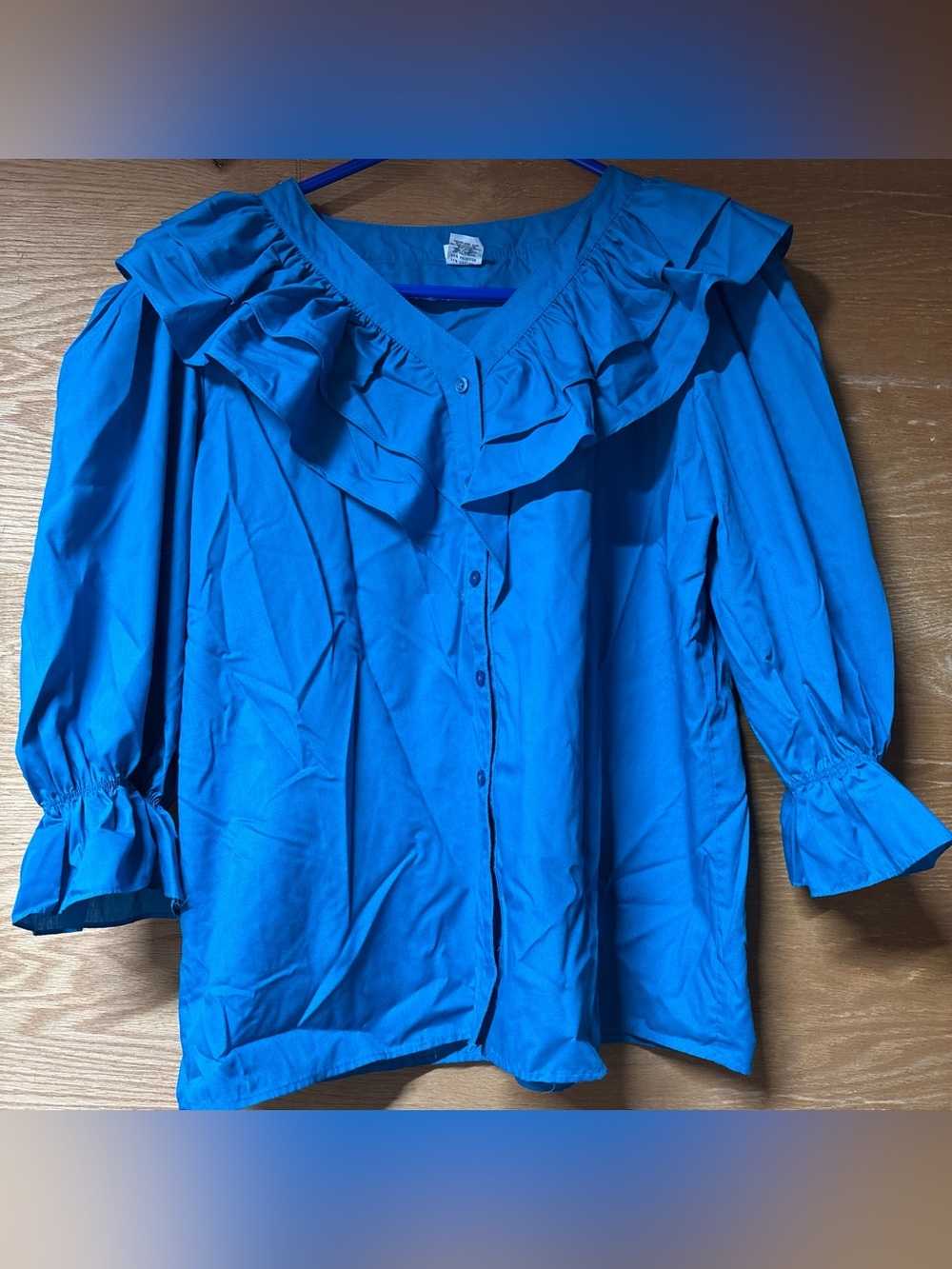 Malco Modes Bright Blue Ruffle Collar Button-Up Blouse